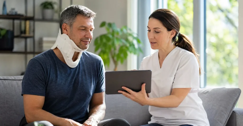 Adult in cervical neck brace sitting with healthcare professional recovery.