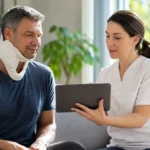 Adult in cervical neck brace sitting with healthcare professional recovery.