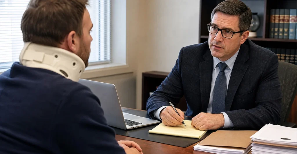 Law office consultation between an attorney and client wearing neck brace.