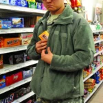 A person in a green jacket slipping a box of candy into their jacket pocket inside a store aisle filled with snacks.