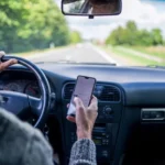 View from inside a moving car showing a driver holding a smartphone in one hand while steering with the other along a two-lane road.