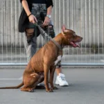A brown pit bull sitting on a leash held by a person in ripped jeans in front of a wire fence.