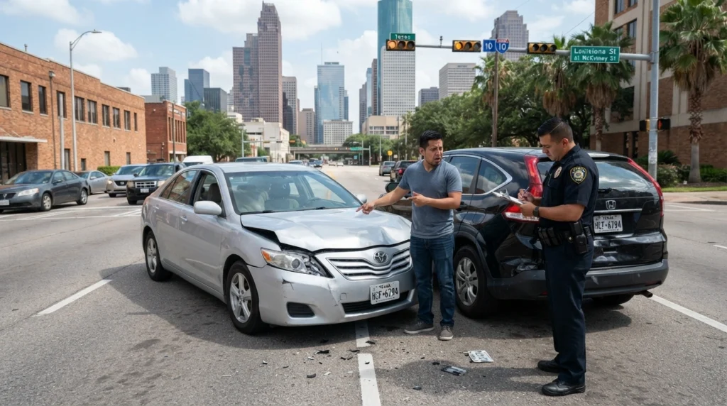 Houston police officer writing a ticket for a car accident.