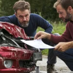 Two men inspect damage and documents near a crashed car