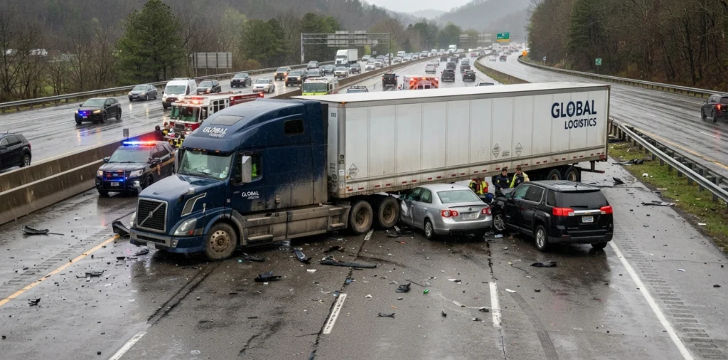 A large semi-truck and crashed cars block a wet highway.