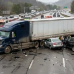 A large semi-truck and crashed cars block a wet highway.