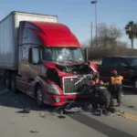 A large red semi-truck with heavy front-end collision damage on a highway, with emergency responders inspecting the wreckage