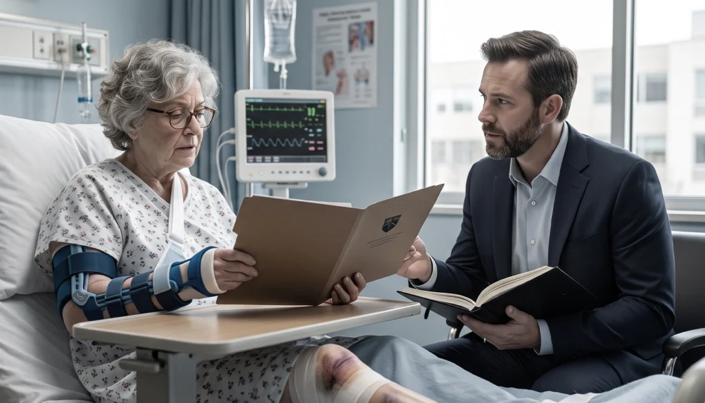 Elderly woman in hospital bed discussing file with male lawyer.