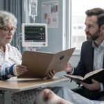 Elderly woman in hospital bed discussing file with male lawyer.