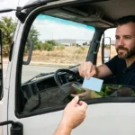 Truck driver passing a small blue card to a person