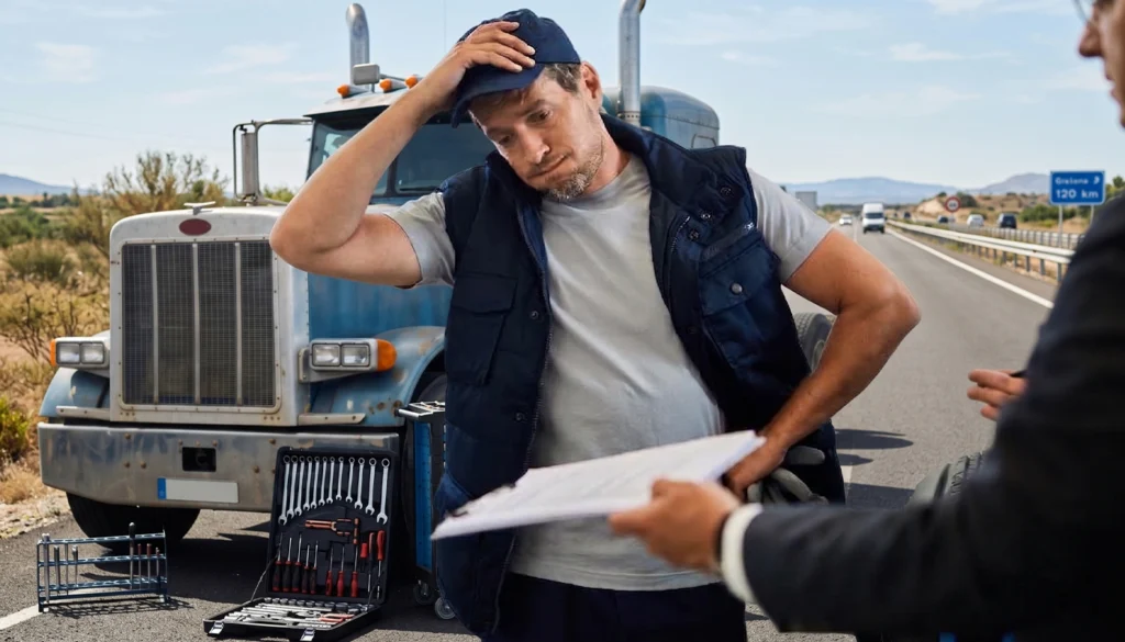Confused truck driver talking to man near toolkit on highway.