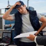 Confused truck driver talking to man near toolkit on highway.