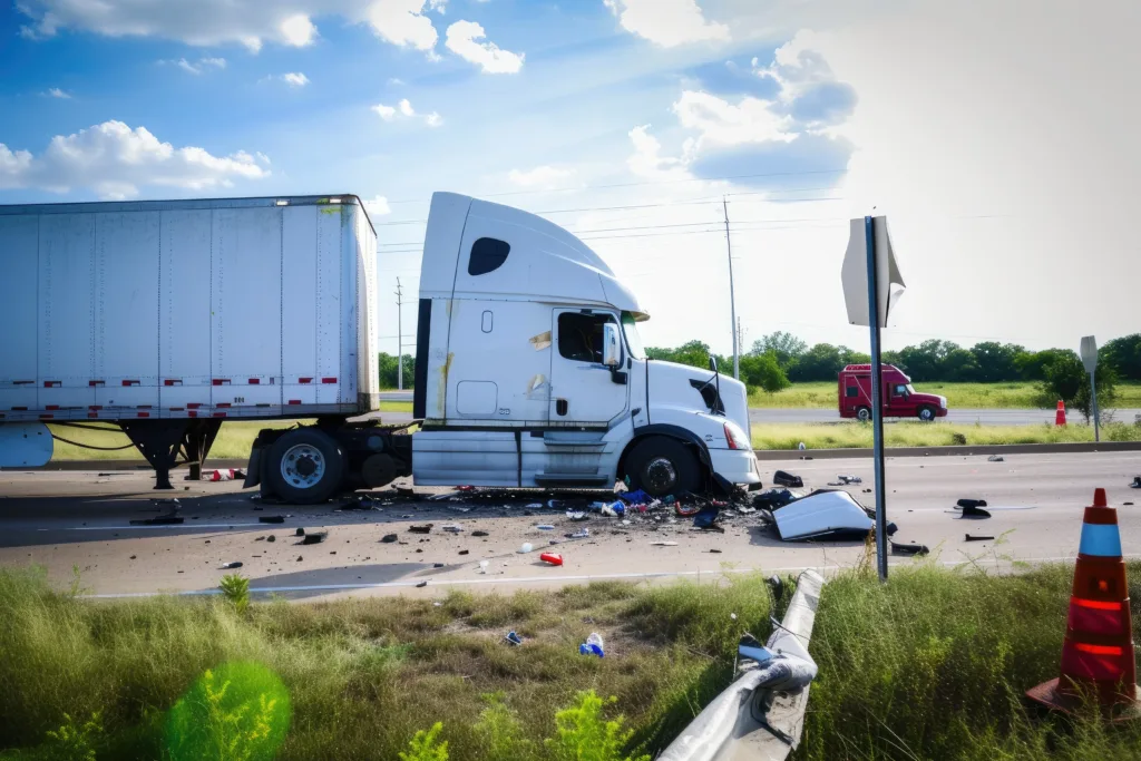 A large white semi-trailer truck with front-end damage parked on the shoulder of a highway surrounded by debris