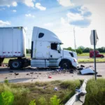A large white semi-trailer truck with front-end damage parked on the shoulder of a highway surrounded by debris