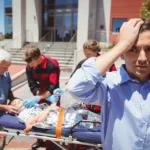 A distressed man in a blue shirt talking on a phone call while holding his head, with paramedics treating an injured person on a stretcher in the background.